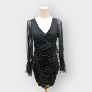 Nwt CAPSULLE Black Plunge Ruched Dress Tulle Sleeves (Sz L)